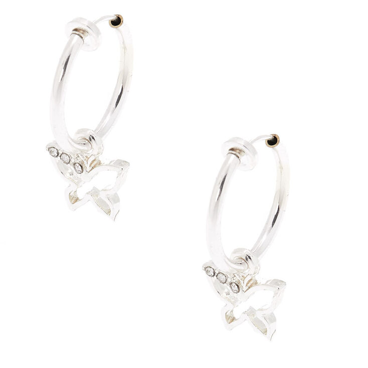 Silver 15MM Butterfly Charm Clip On Hoop Earrings,