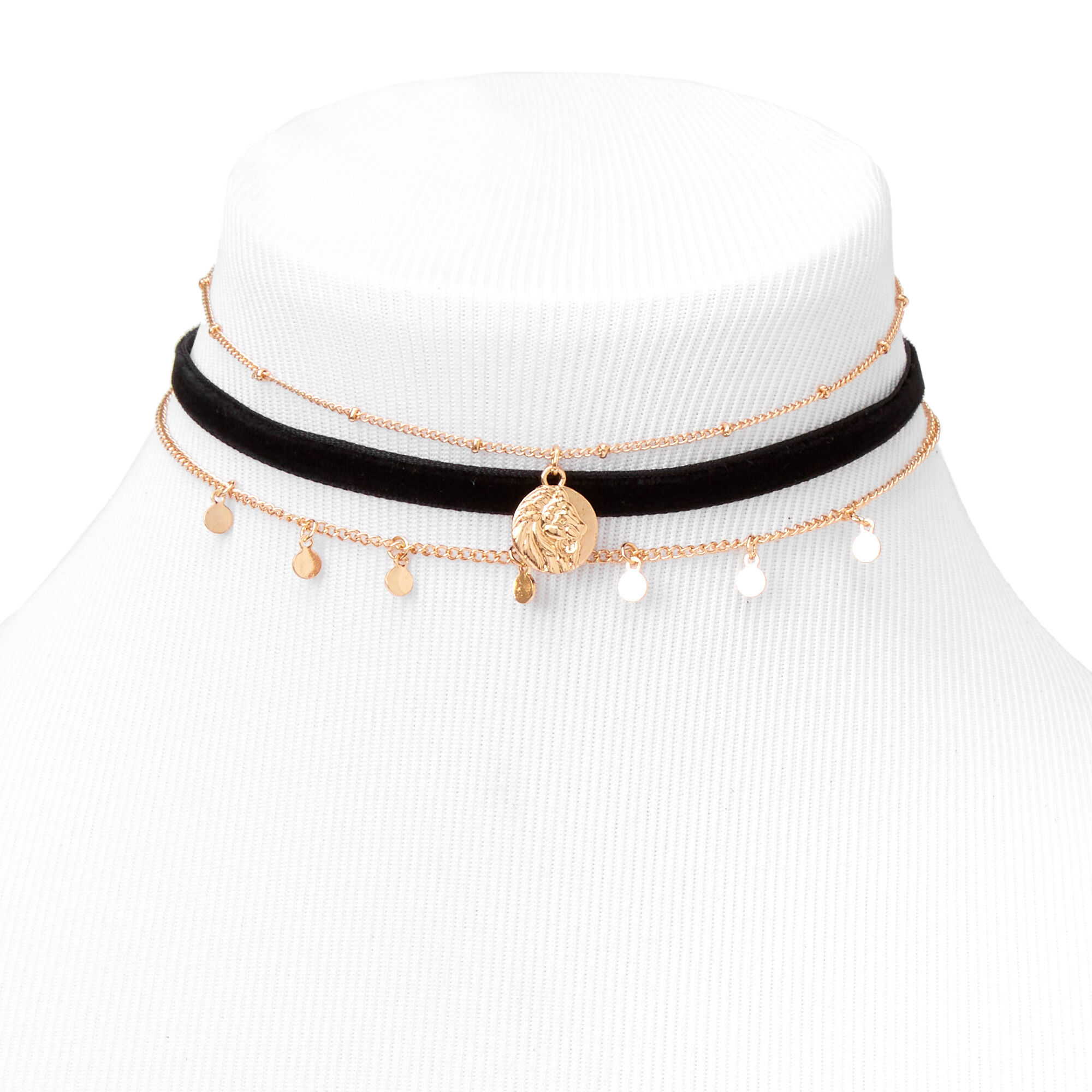 Gold & Black Lion Cord & Chain Choker Necklaces - 3 Pack,