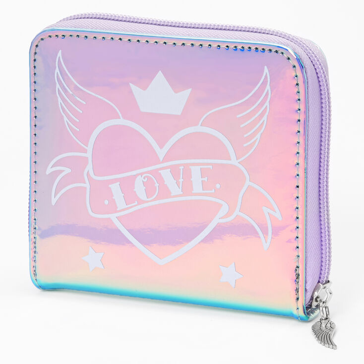 Heart Wing Holographic Mini Zip Wallet - Purple,