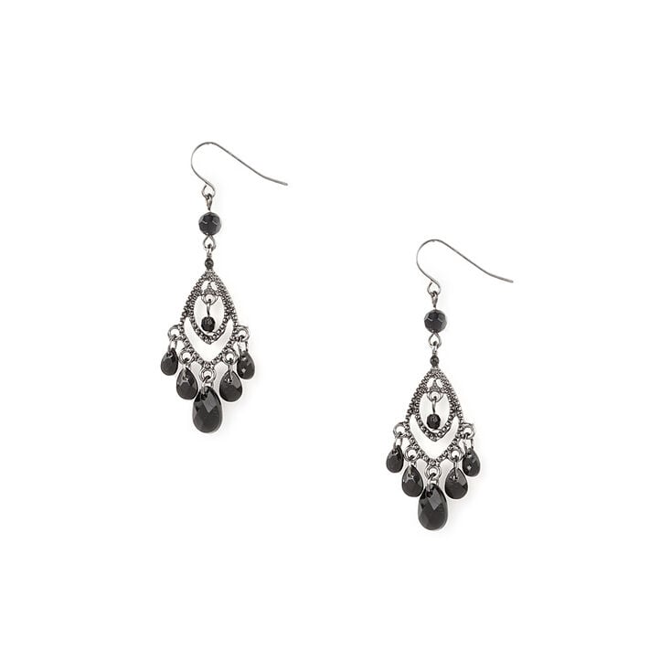 Black Crystal Dangle Silver Chandelier Earrings Claire S Us Black Crystal Dangle Silver Chandelier Earrings