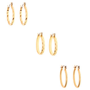 Gold-tone Thick Textured 20mm Hoop Earrings - 3 Pack,