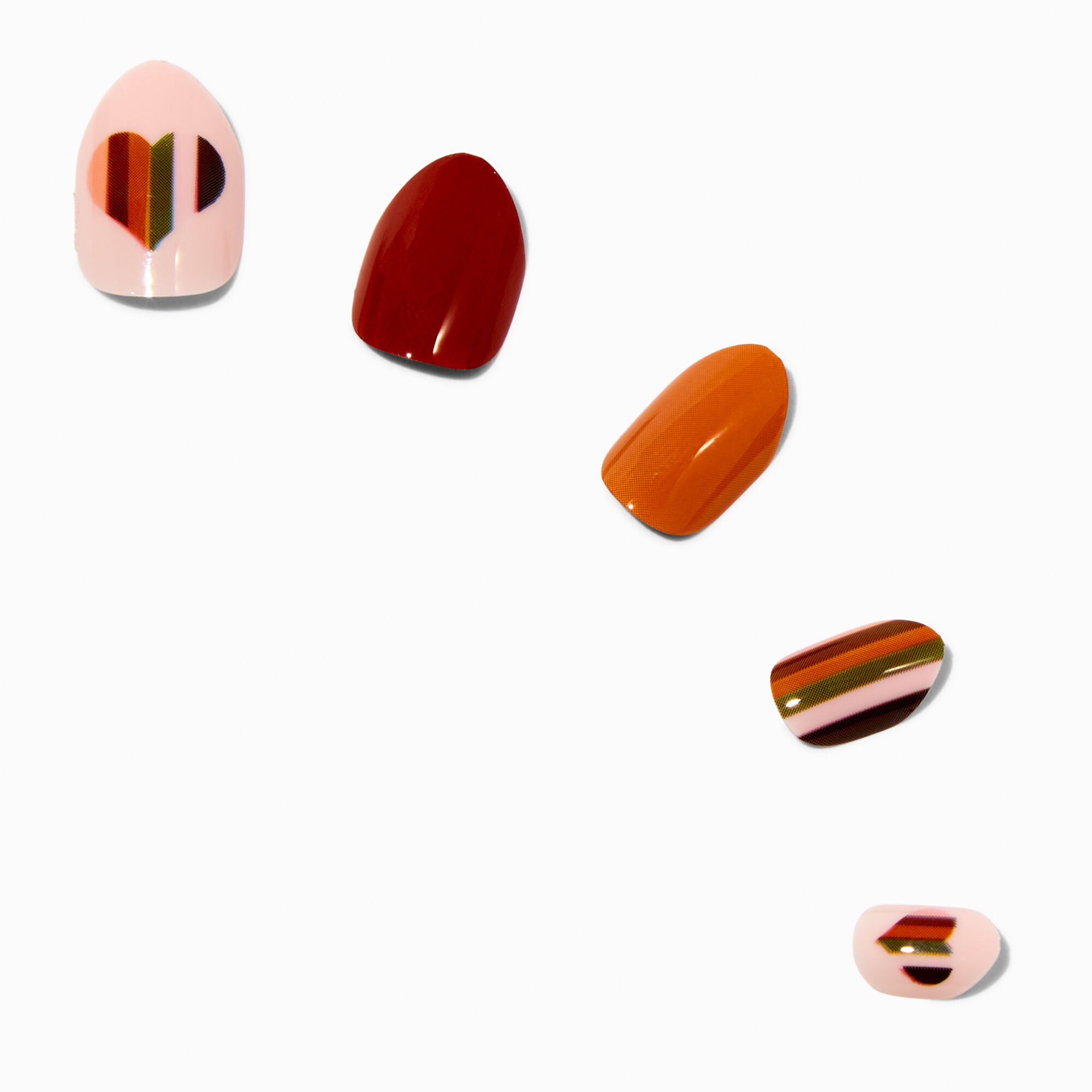 Earth Tone Striped Heart Stiletto Press On Vegan Faux Nail Set - 24 Pack,