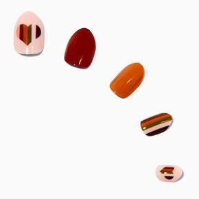 Earth Tone Striped Heart Stiletto Press On Vegan Faux Nail Set - 24 Pack,