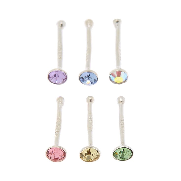 Silver-tone 22G Pastel Crystal Nose Studs - 6 Pack,
