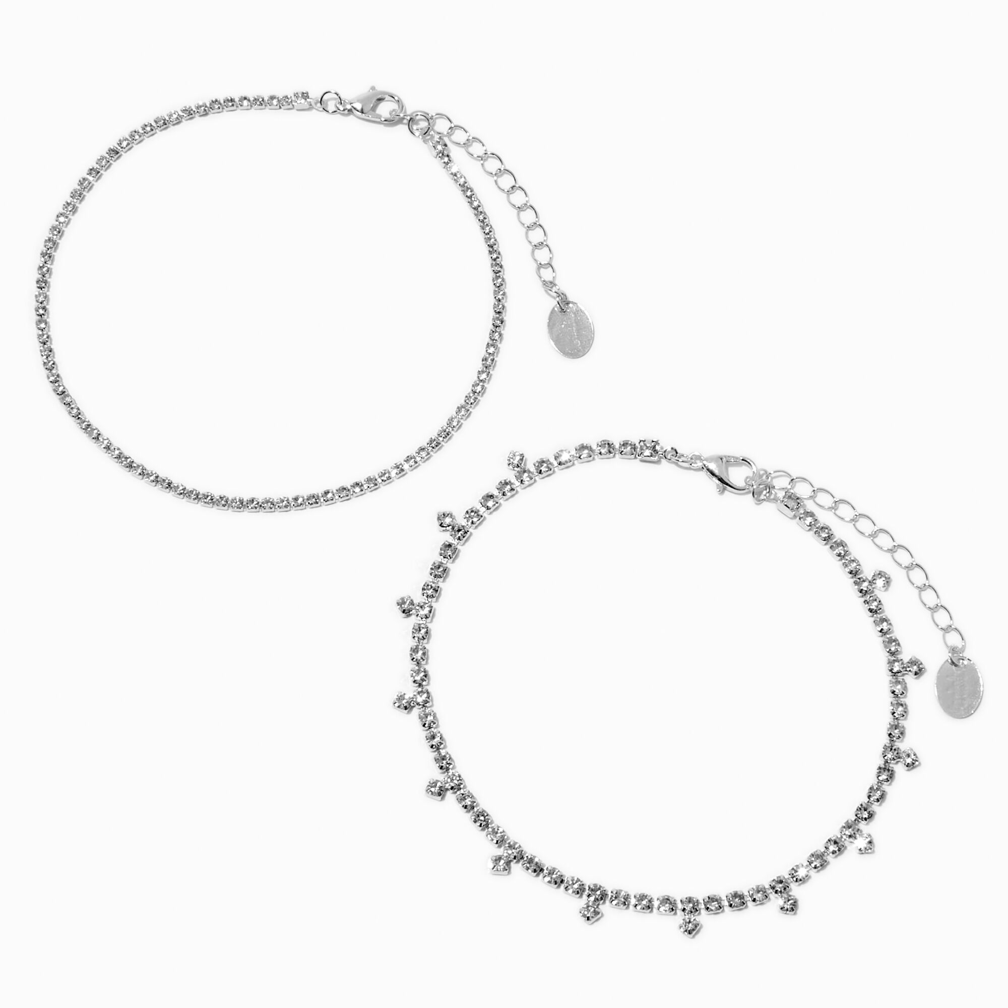View Claires Tone Crystal Drip Cup Chain Anklets 2 Pack Silver information