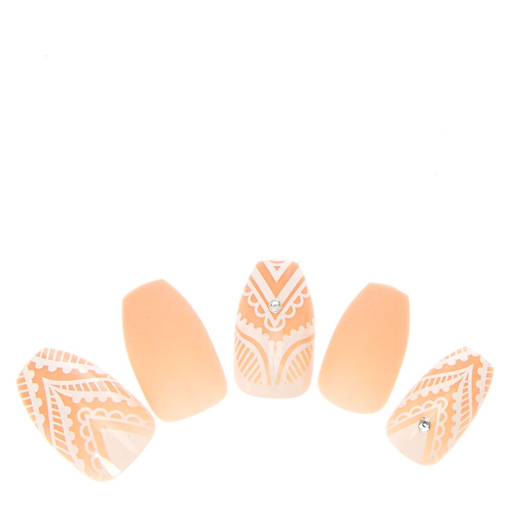 Beige Lace Overlay Coffin Faux Nail Set - Nude, 24 Pack,