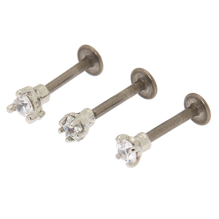 Titanium Cubic Zirconia 16G Mixed Labret Flat Back Studs - 3 Pack,