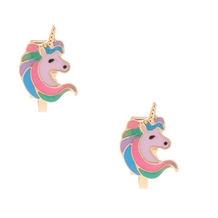 Clous d&rsquo;oreilles &agrave; clip licorne pastel couleur dor&eacute;e,