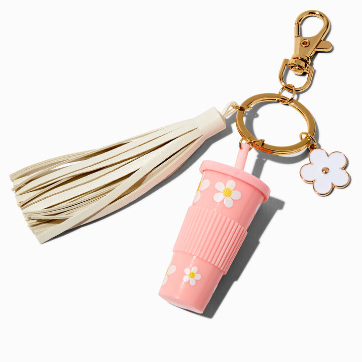 Porte-cl&eacute;s marguerite gobelet caf&eacute; rose,
