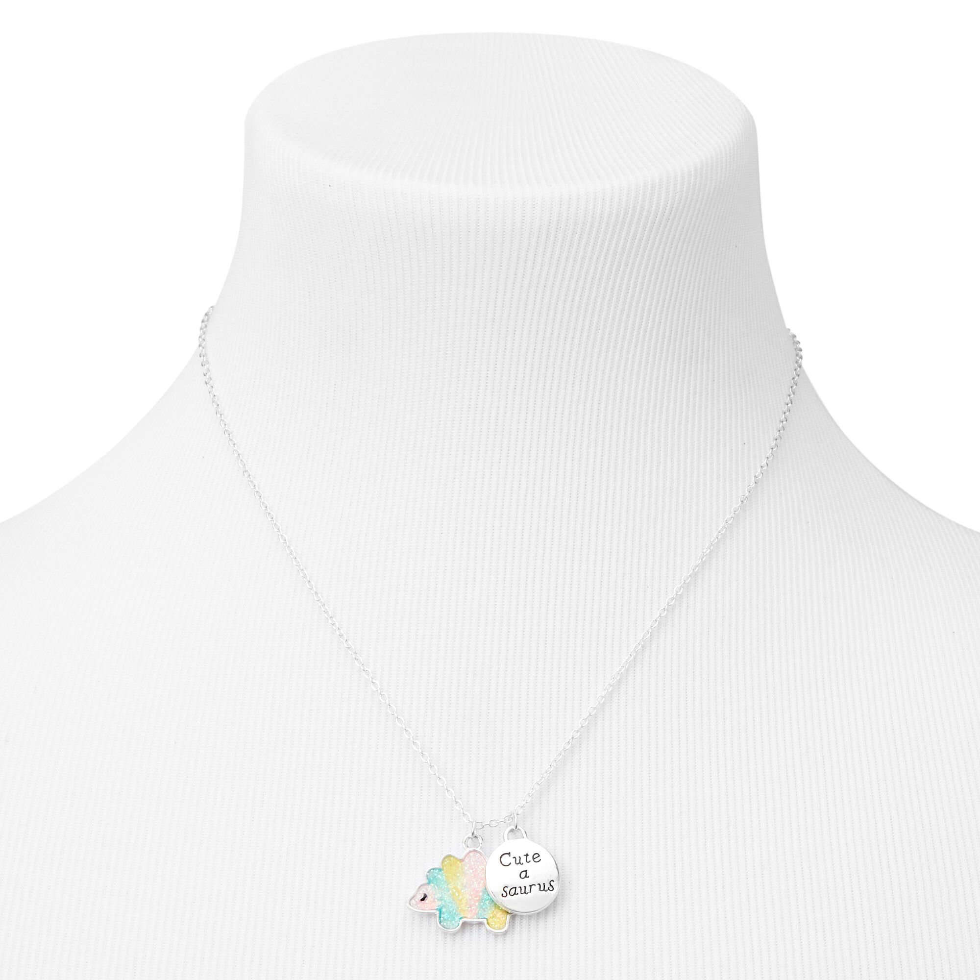 Pastel Glitter Cute-a-saurus Silver Pendant Necklace,