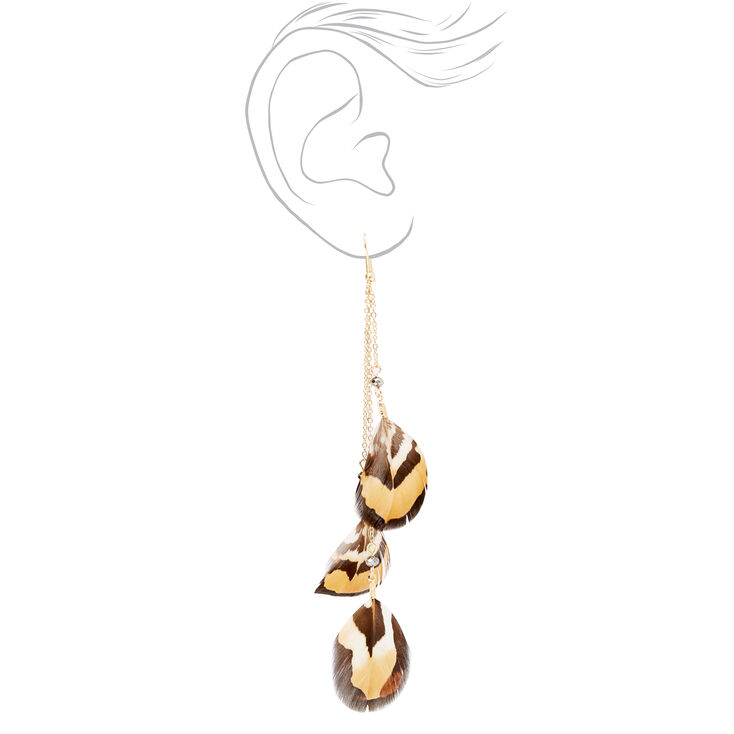 Gold 5&quot; Tiger Feather Linear Drop Earrings,