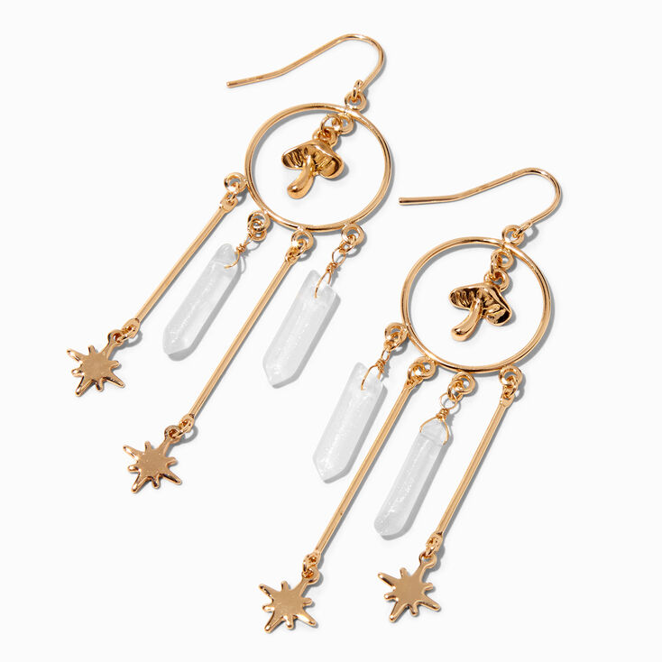 Gold 2.5&quot; Mushroom Starbust Mystical Gem Drop Earrings,