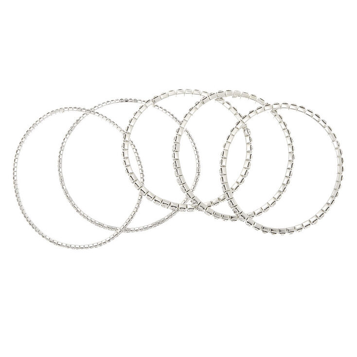 Silver Rhinestone Stretch Bracelets - 5 Pack,