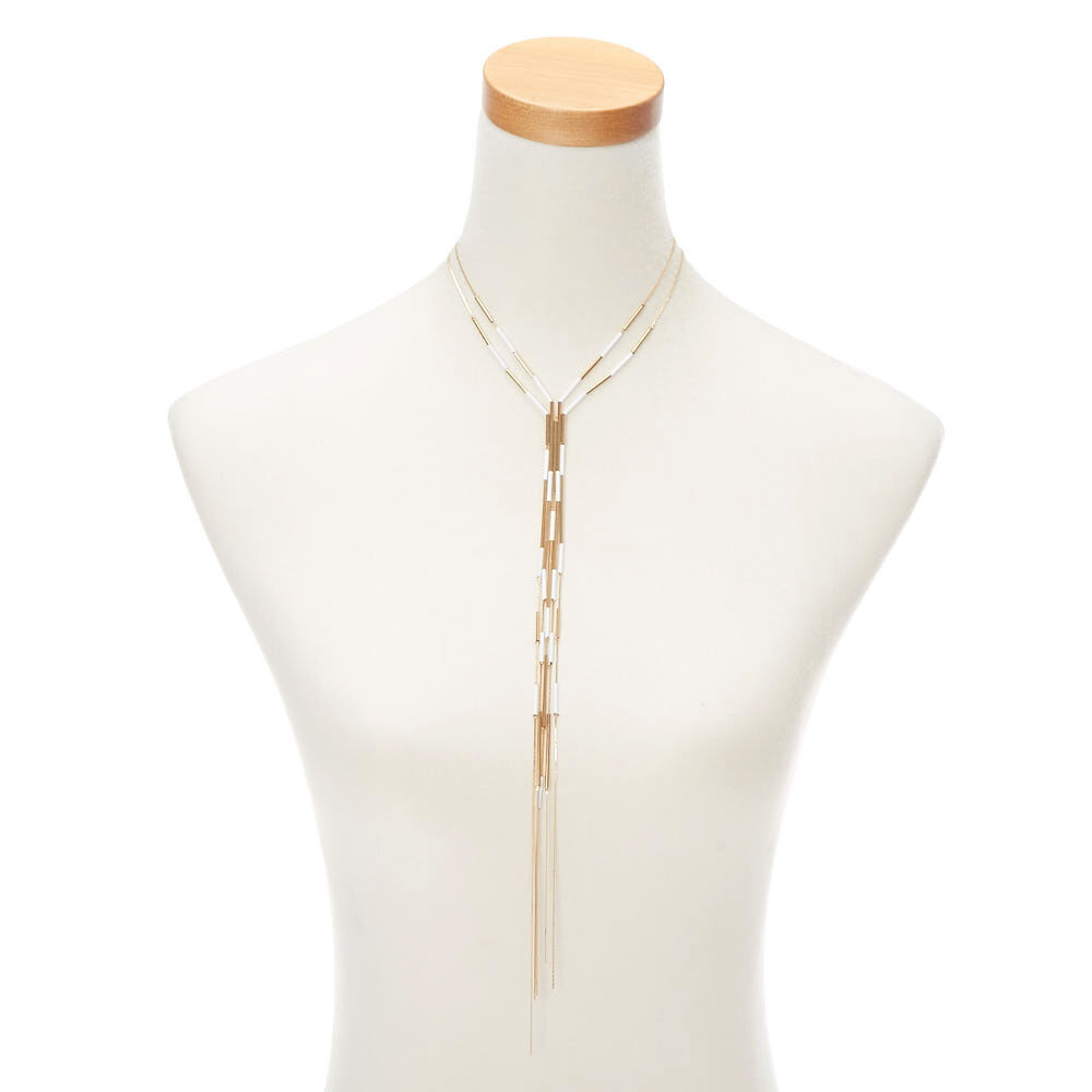 Gold Bar Long Multi Strand Necklace - White,