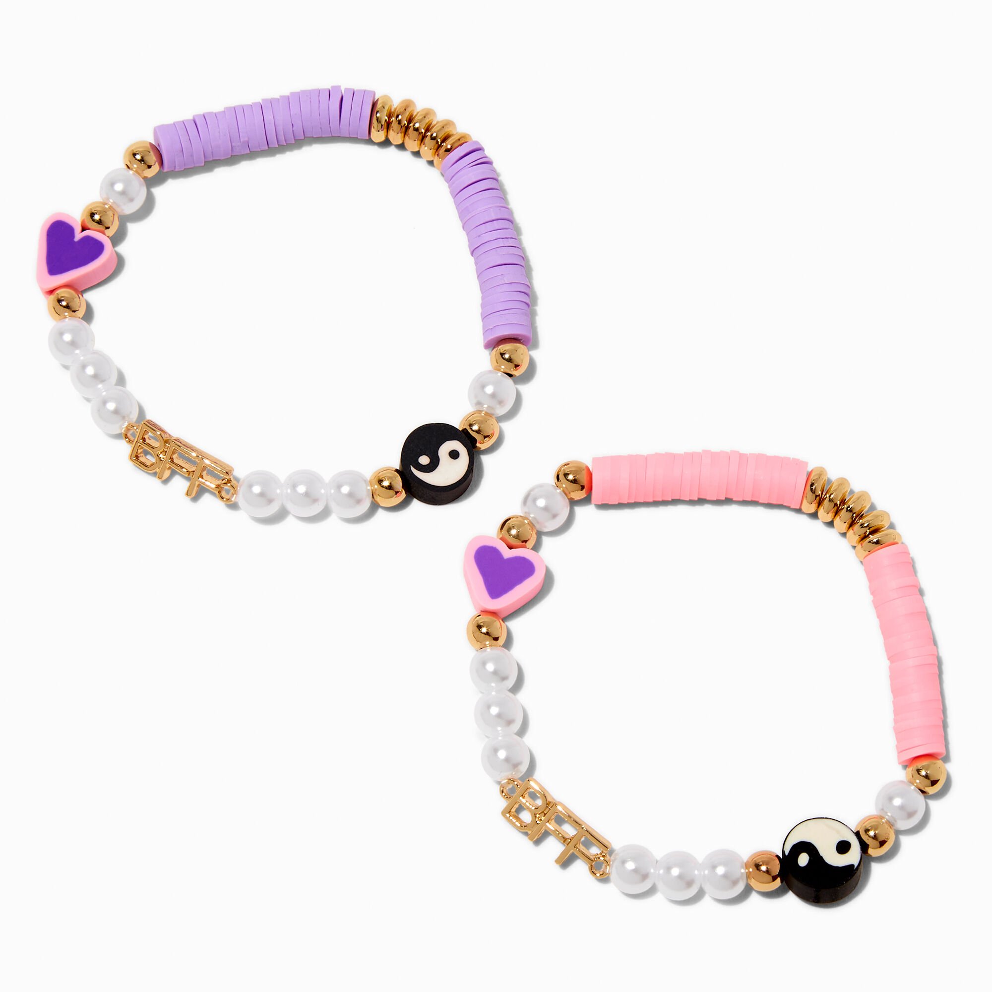 Bracelets élastiques perlés cœur yin yang perlés Best Friends - Lot de 2,