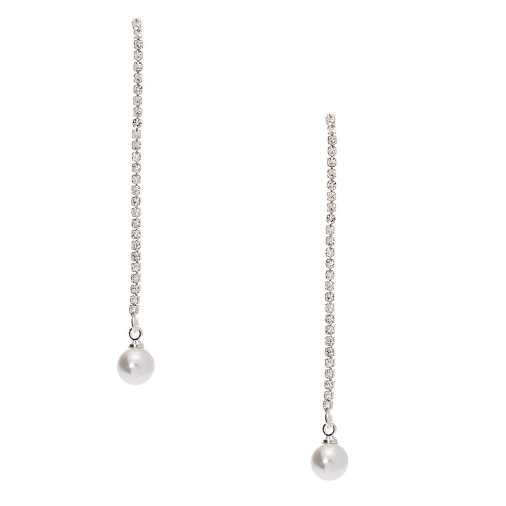 Silver Rhinestone &amp; Pearl 2.5&quot; Linear Drop Earrings,
