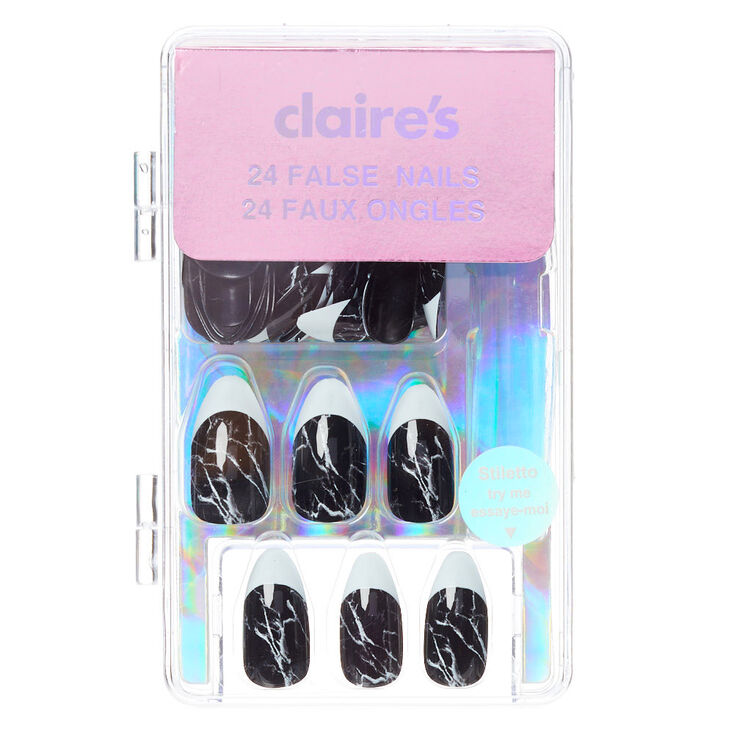 Faux ongles stiletto French manucure effet marbr&eacute; bicolores - Lot de 24,