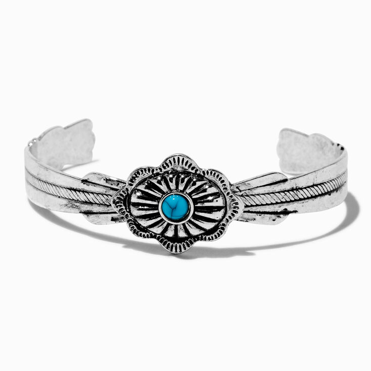 Bracelet manchette m&eacute;daillon couleur turquoise couleur argent&eacute;e,