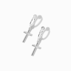 Silver 20MM Cross Clip-On Hoop Earrings,