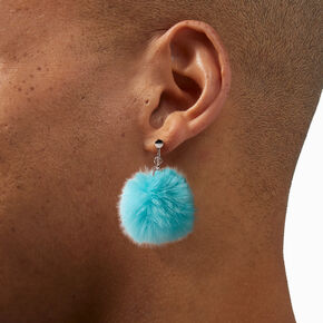 Silver 1.5&quot; Pom Pom Clip On Drop Earrings - Teal,