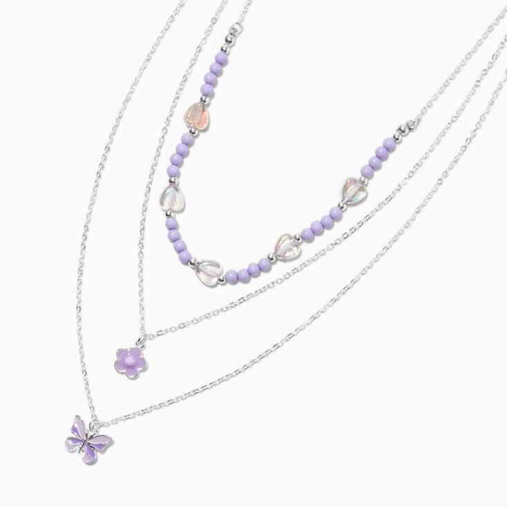 Purple Butterfly &amp; Flower Multi-Strand Pendant Necklace,