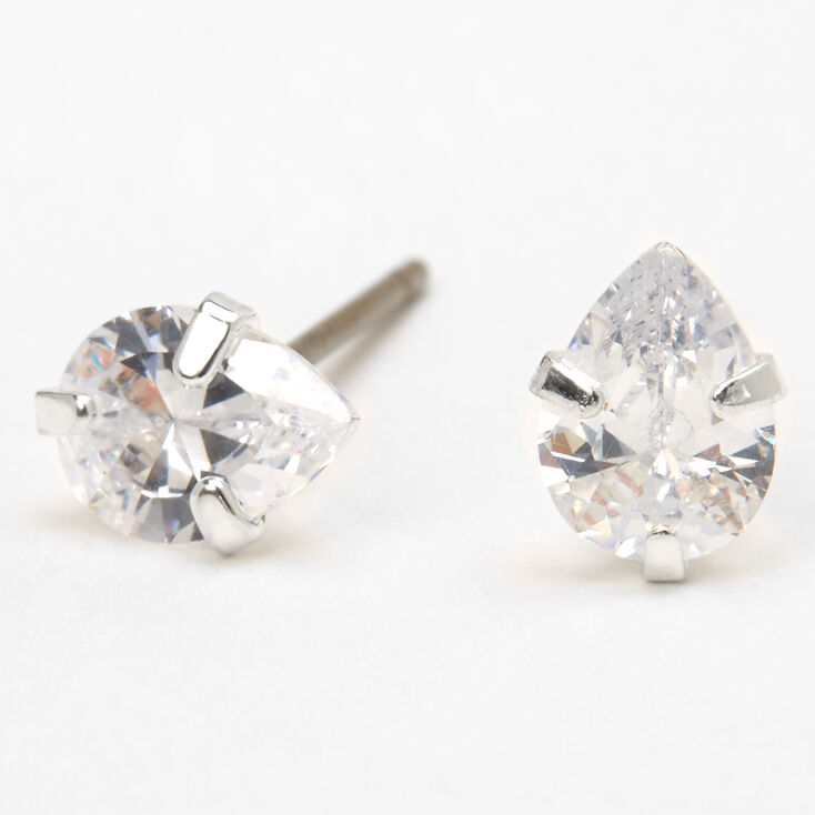 Silver Cubic Zirconia Teardrop Stud Earrings - 5MM,