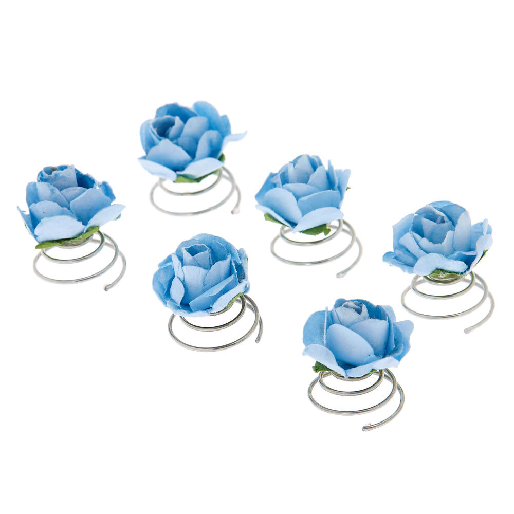 Mini Rose Flower Hair Spinners - Blue, 6 Pack,