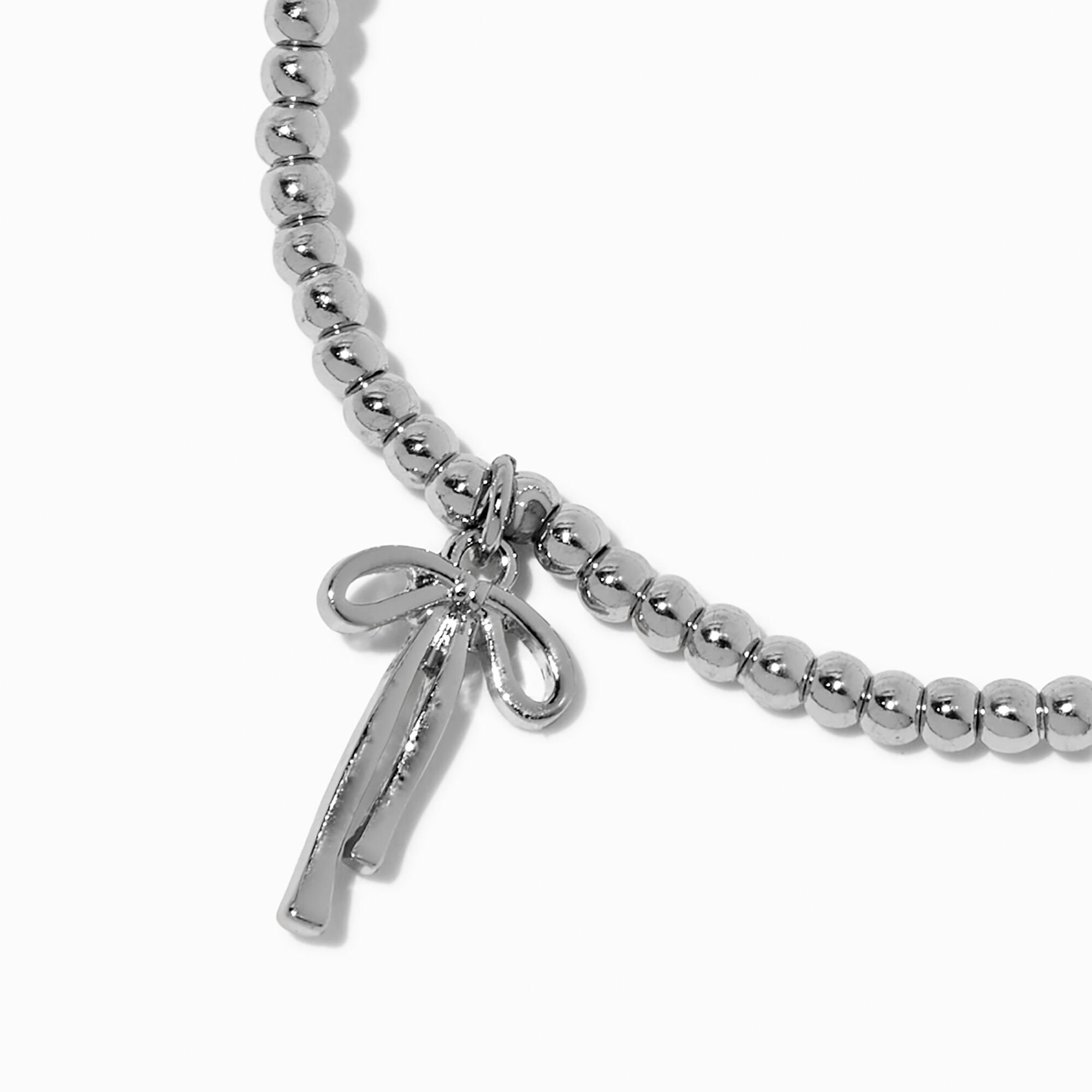 Bracelet élastique perles de rocaille couleur argentée breloque nœud,