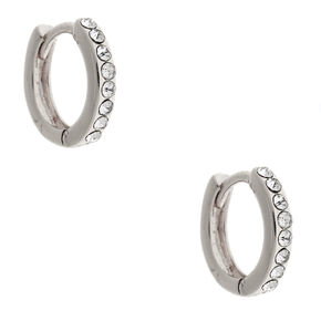 Silver 10MM Embellished Huggie Hoop Earrings,