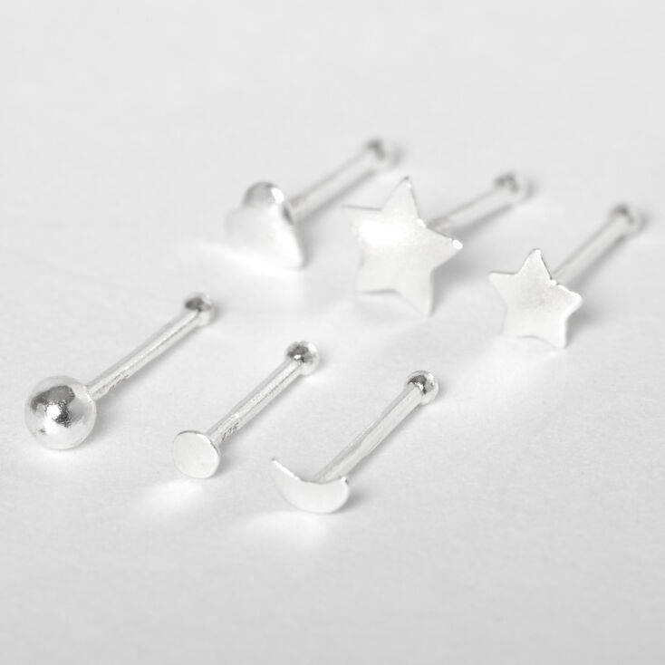 Sterling Silver 22G Shapes Nose Studs - 6 Pack,