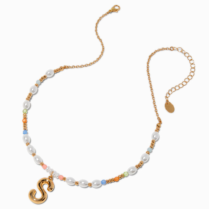 Gold-tone Bubble Initial Pastel Beaded Pendant Necklace - S,