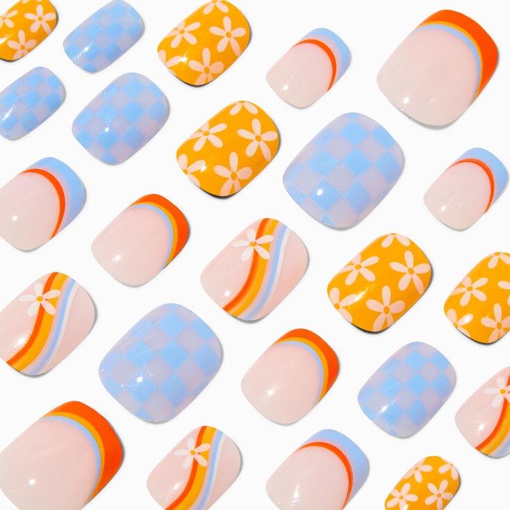 Multi Daisy Check Squoval Vegan Faux Nail Set - 24 Pack,