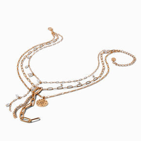 Gold-tone Pearl Carabiner Y-Neck Multi-Strand Necklace,