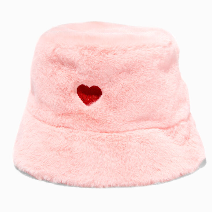 Embroidered Heart Pink Plush Bucket Hat,