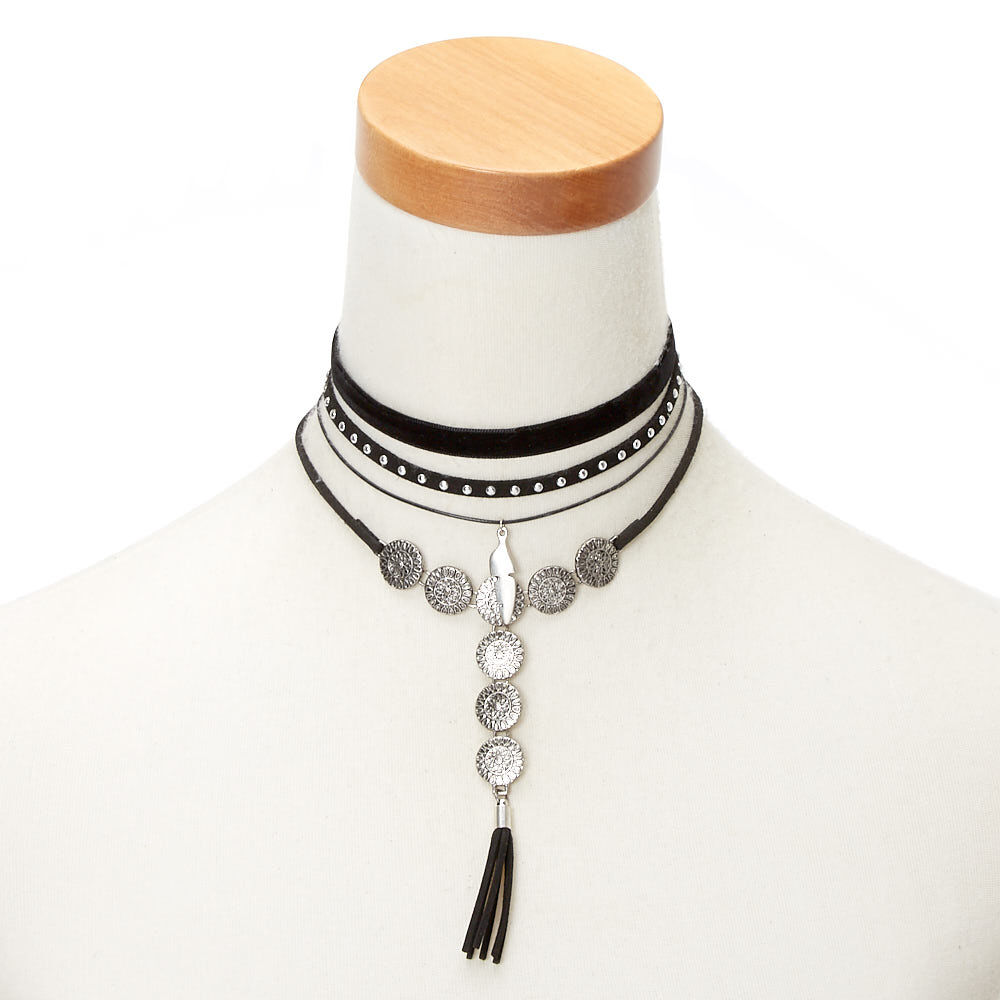 Silver Medallion Choker Necklaces Black 4 Pack Claire s
