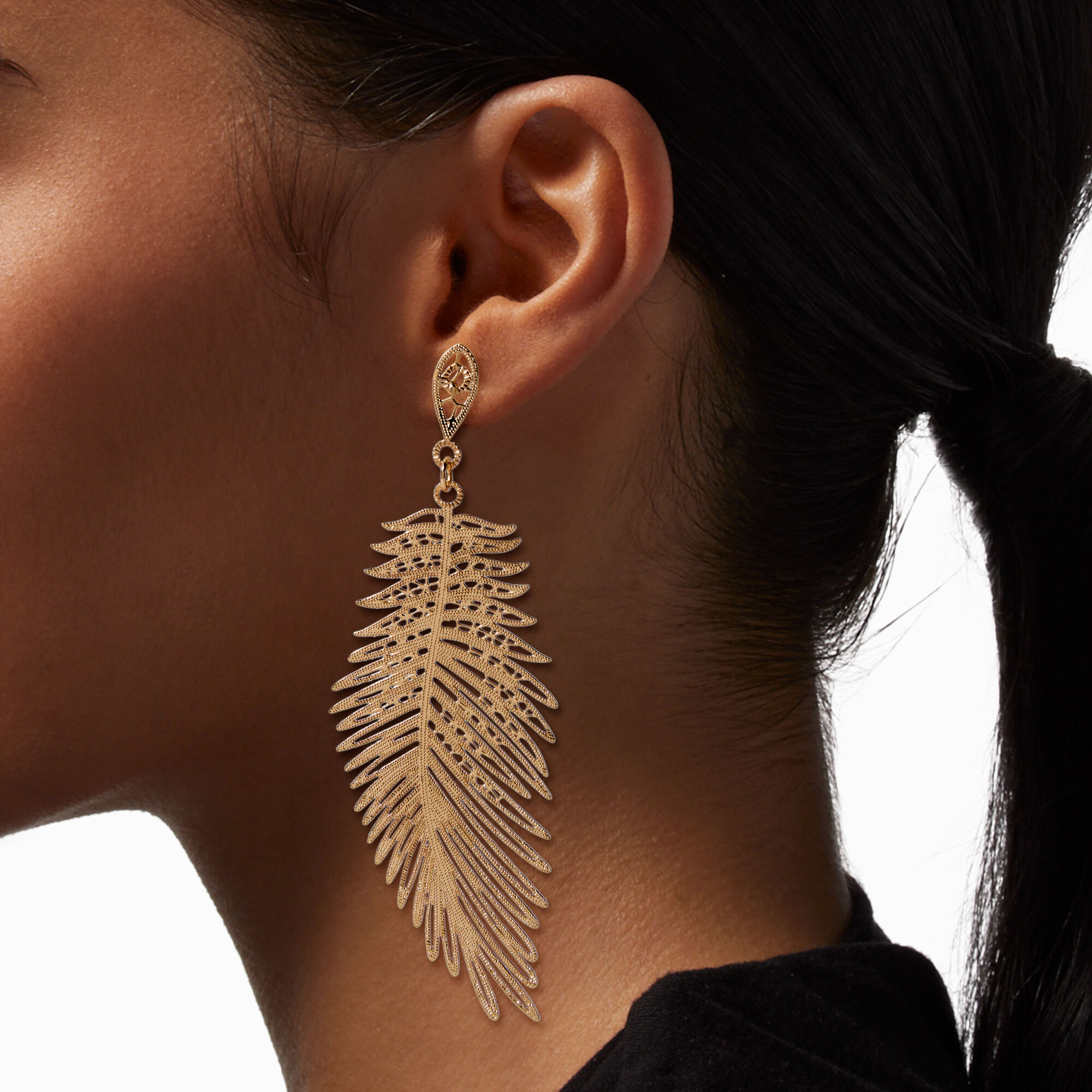Gold-tone Filigree Feather 4" Drop Earrings ,