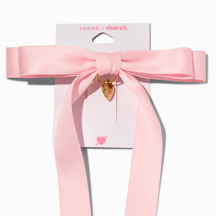 T H E M E x Claire&#39;s Pink Long Tail Gold-tone Heart Charm Hair Bow Clip,