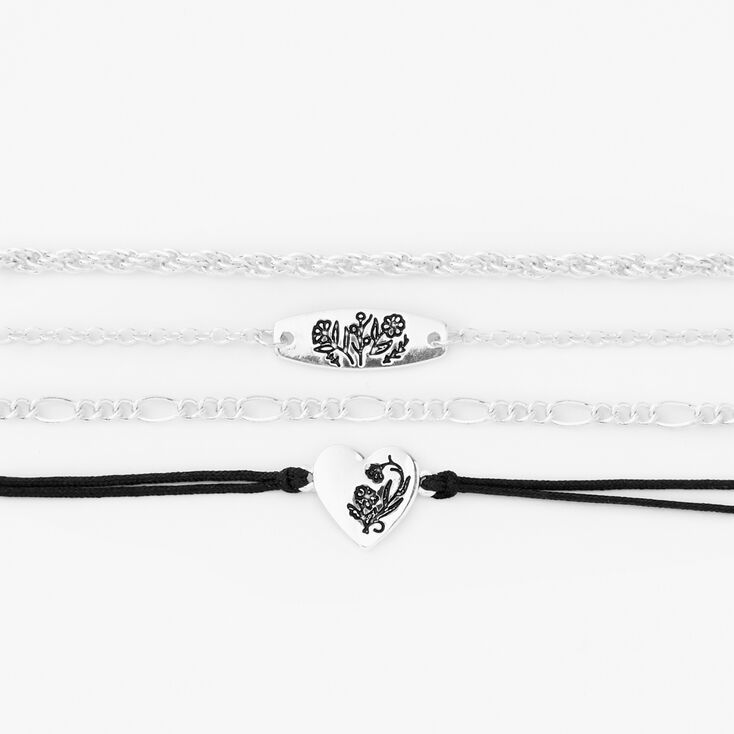 Silver Floral Tag Bracelets - 4 Pack,