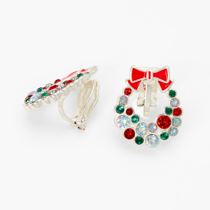 Crystal Wreath Christmas Clip on Earrings,