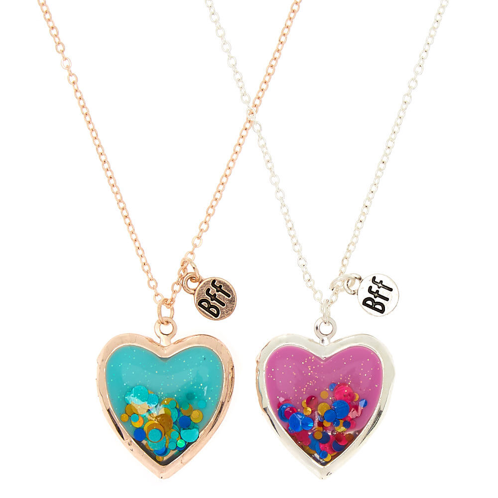 Best Friends Glitter Heart Locket Pendant Necklaces 2 Pack