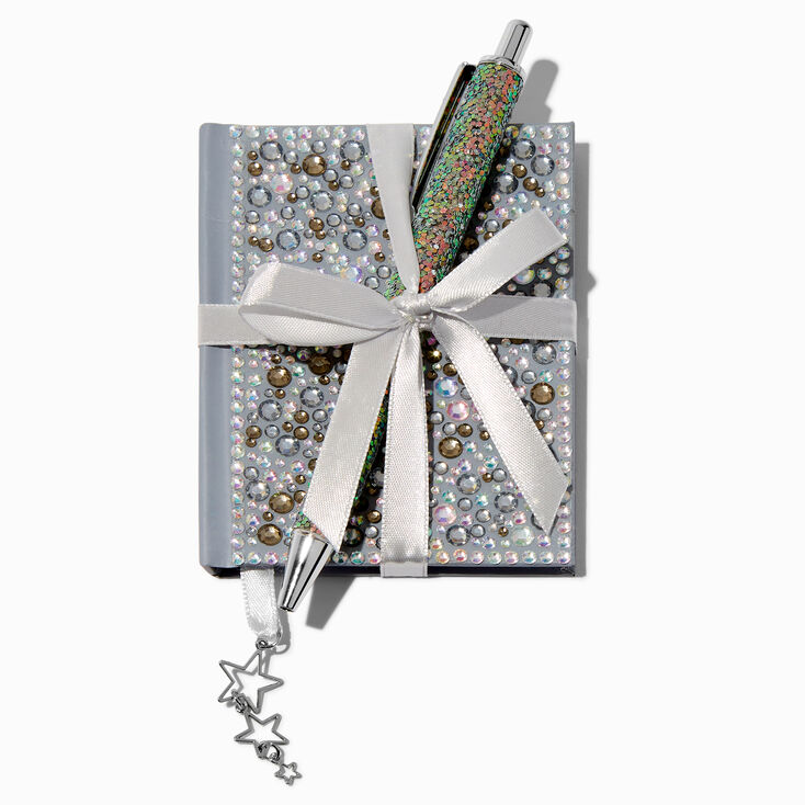 Ensemble cadeau stylo et mini carnet &eacute;toile bling-bling couleur argent&eacute;e,