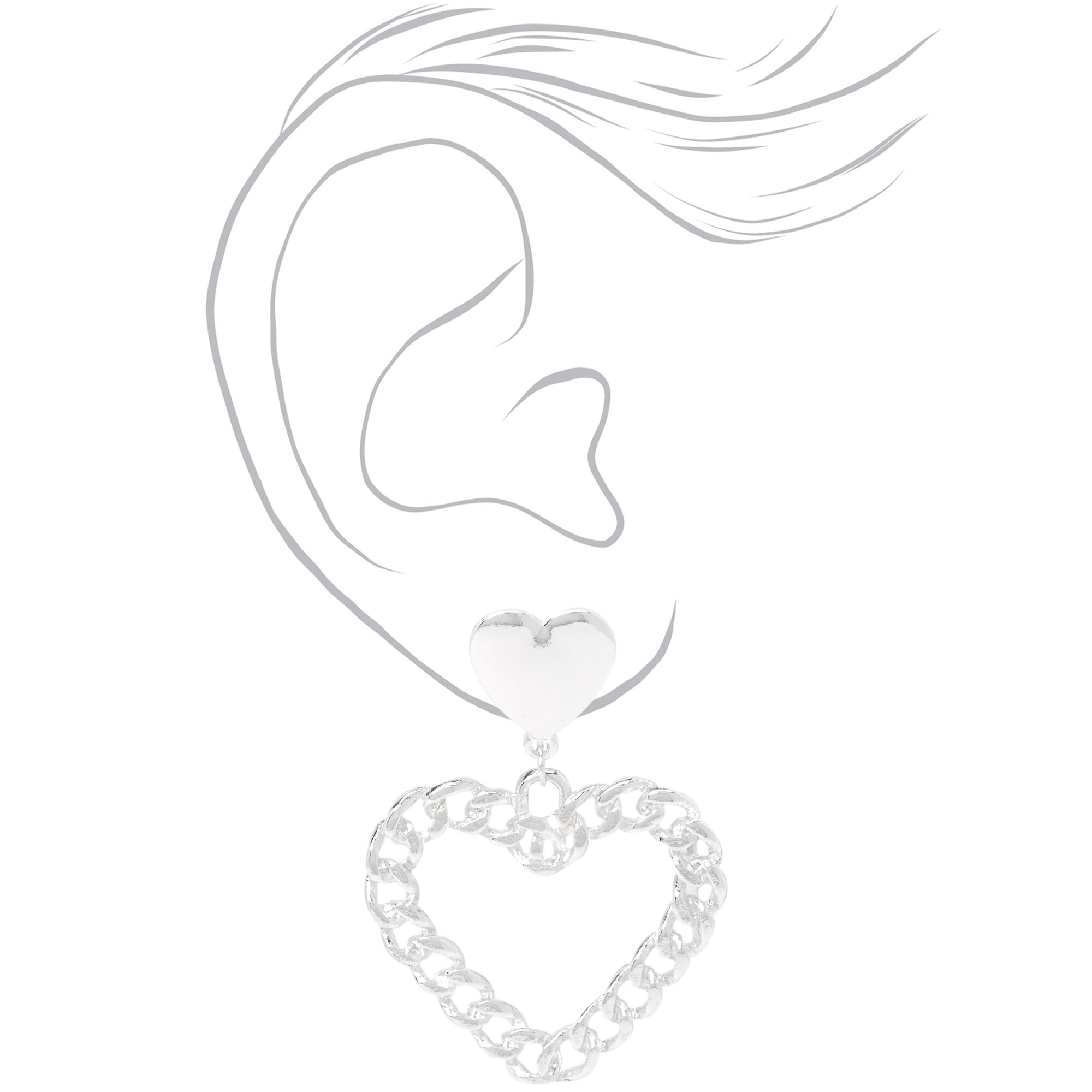 Silver Chain Link Hearts Drop Earrings,