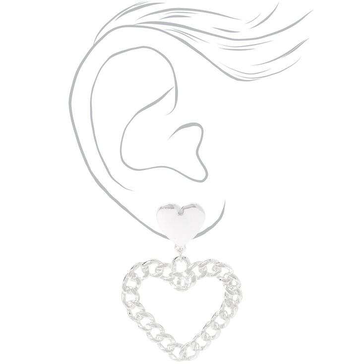 Silver Chain Link Hearts Drop Earrings,