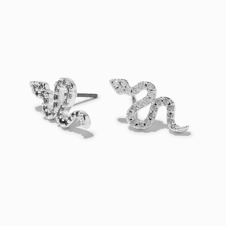 Silver-tone Cubic Zirconia Pav&eacute; Snake Stud Earrings,