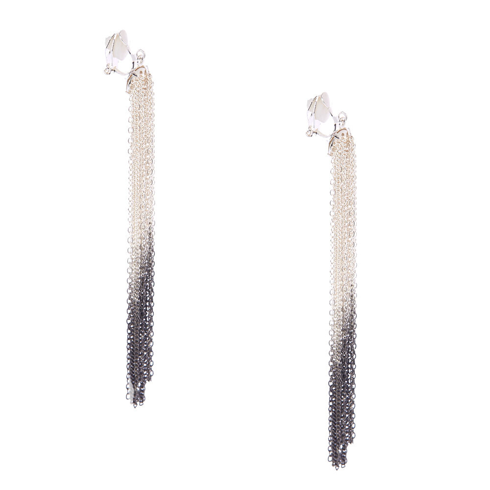Silver and Black Ombre Chain Fringe Clip-on Drop Earrings,
