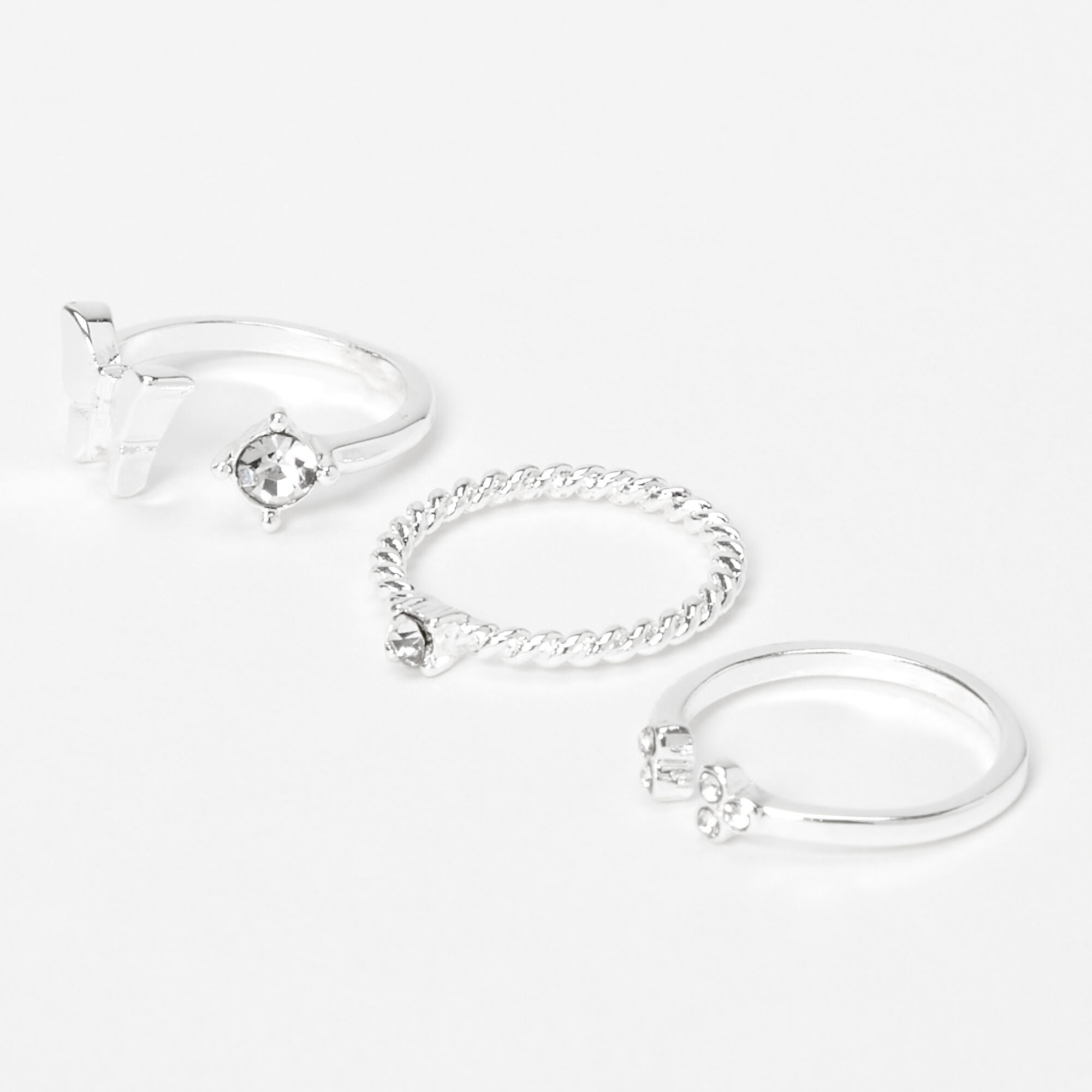 View Claires Tone Crystal Butterfly Midi Rings 3 Pack Silver information