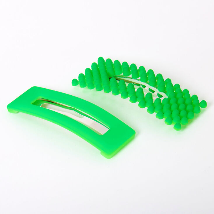 Barrettes clic clac rectangulaires &agrave; finition mate avec perles d&rsquo;imitation - Vert fluo, lot de 2,