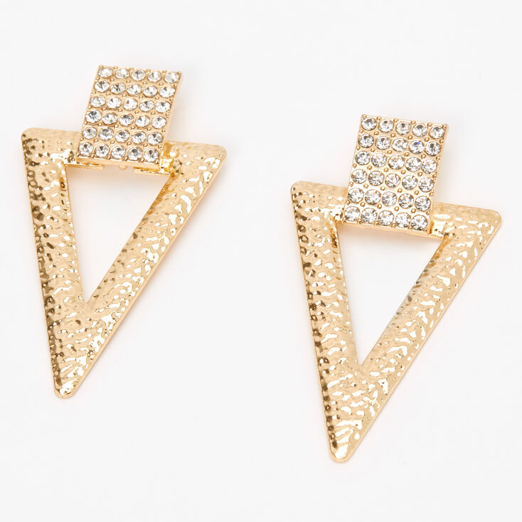 Gold 2.5&quot; Crystal Triangle Door Knocker Drop Earrings,