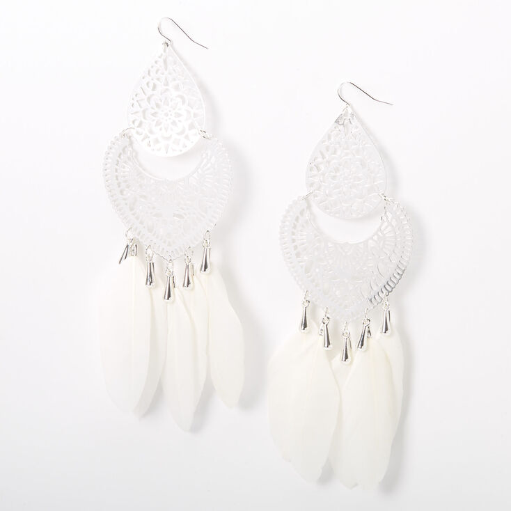 Silver 6&quot; Filigree Feather Drop Earrings - White,