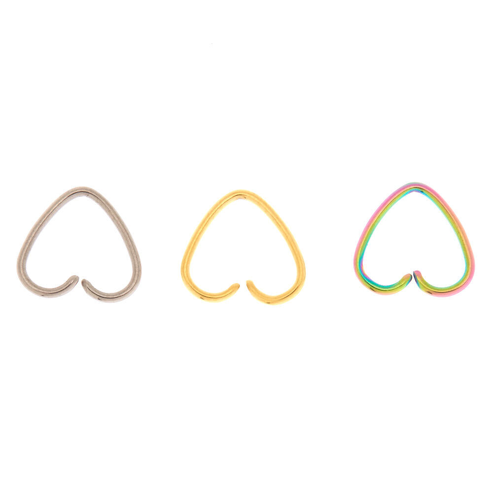 Lot de 3 anneaux de piercing cartilage cœur couleur titané, couleur doré, couleur argenté et arc-en-ciel,